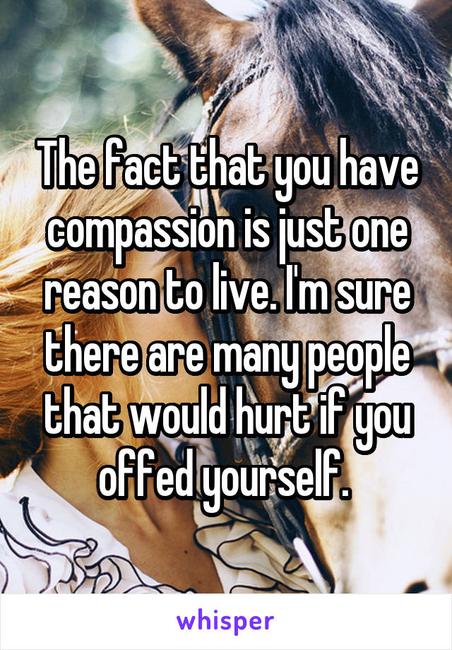 The fact that you have compassion is just one reason to live. I'm sure there are many people that would hurt if you offed yourself. 