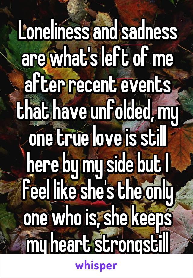 Loneliness and sadness are what's left of me after recent events that have unfolded, my one true love is still here by my side but I feel like she's the only one who is, she keeps my heart strongstill