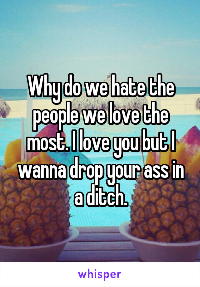 Why do we hate the people we love the most. I love you but I wanna drop your ass in a ditch.