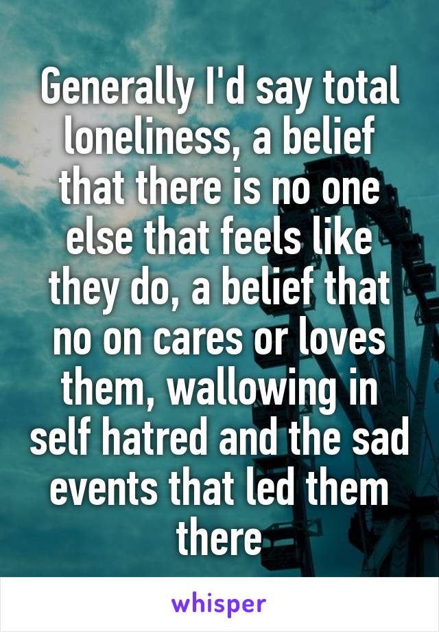 Generally I'd say total loneliness, a belief that there is no one else that feels like they do, a belief that no on cares or loves them, wallowing in self hatred and the sad events that led them there