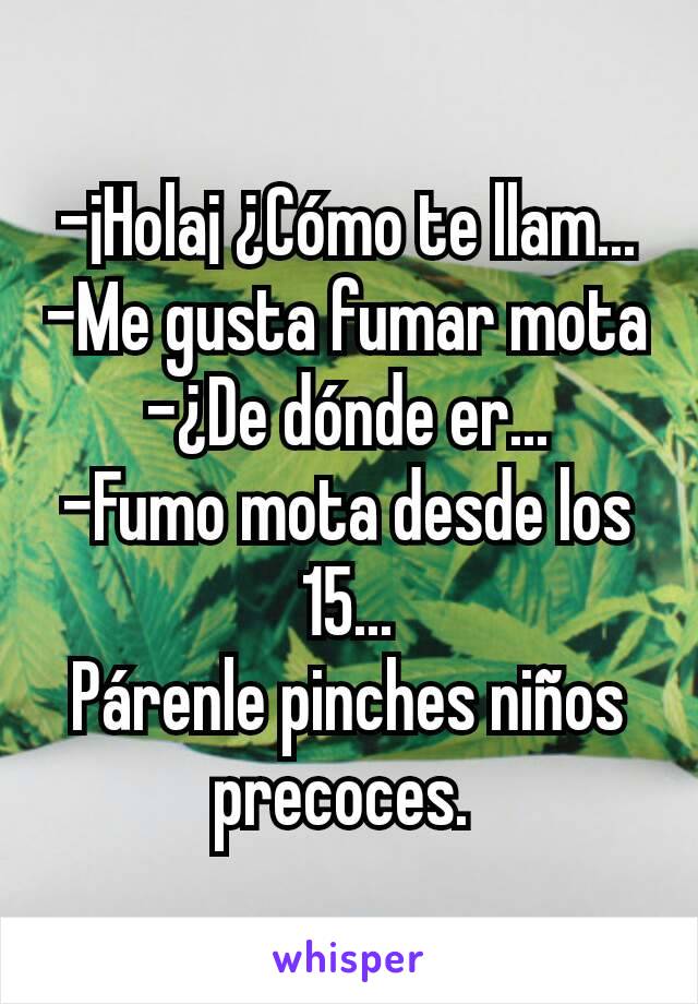 -¡Hola¡ ¿Cómo te llam...
-Me gusta fumar mota
-¿De dónde er...
-Fumo mota desde los 15...
Párenle pinches niños precoces. 