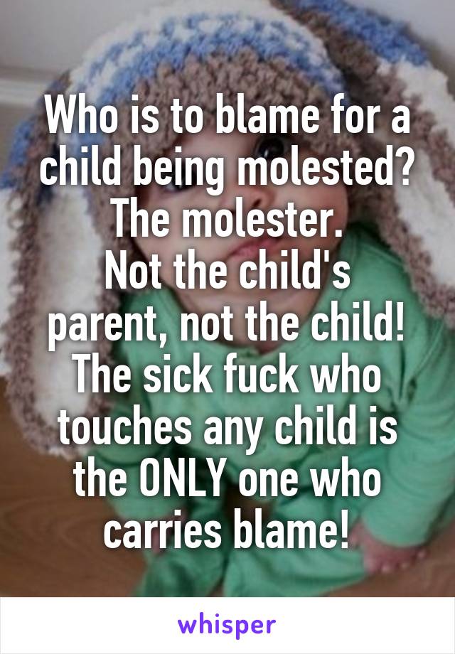 Who is to blame for a child being molested?
The molester.
Not the child's parent, not the child!
The sick fuck who touches any child is the ONLY one who carries blame!