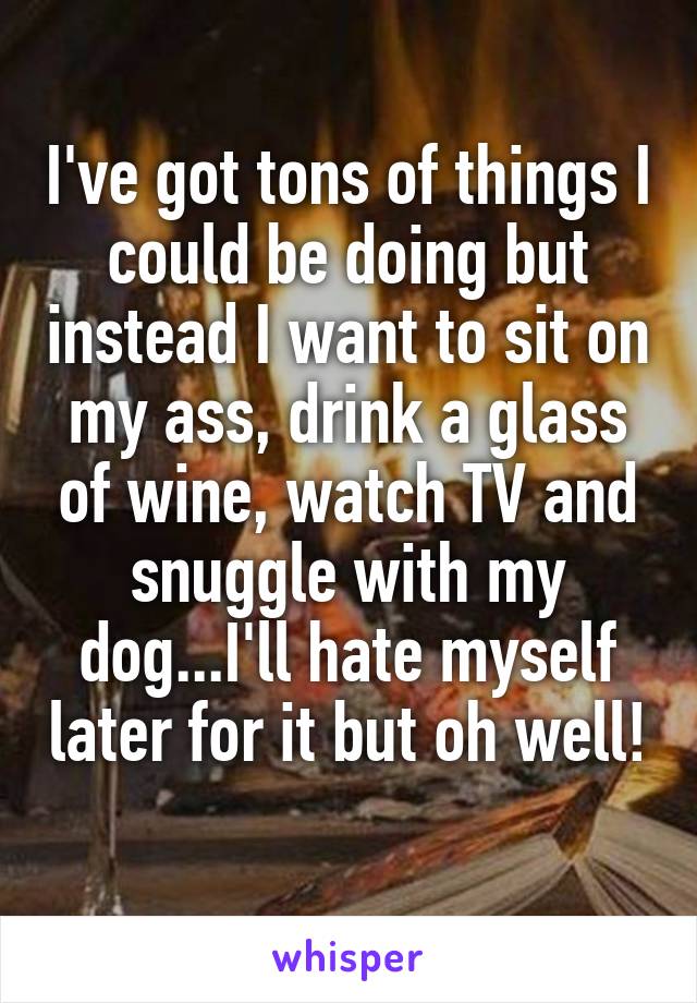 I've got tons of things I could be doing but instead I want to sit on my ass, drink a glass of wine, watch TV and snuggle with my dog...I'll hate myself later for it but oh well! 