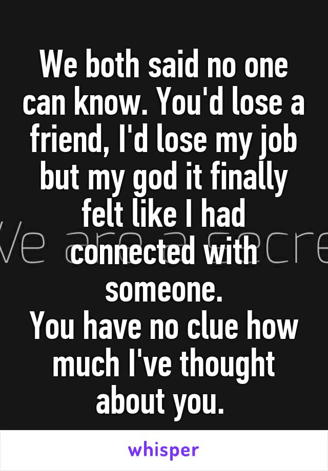 We both said no one can know. You'd lose a friend, I'd lose my job but my god it finally felt like I had connected with someone.
You have no clue how much I've thought about you. 