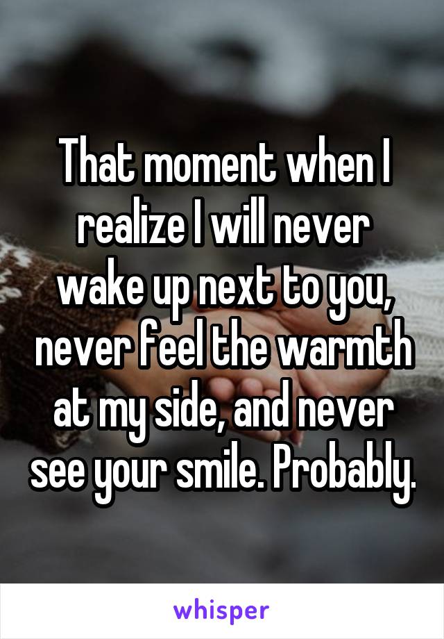 That moment when I realize I will never wake up next to you, never feel the warmth at my side, and never see your smile. Probably.