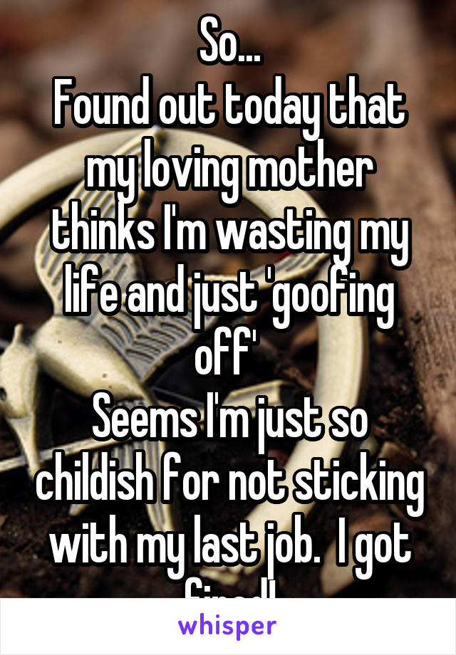 So...
Found out today that my loving mother thinks I'm wasting my life and just 'goofing off' 
Seems I'm just so childish for not sticking with my last job.  I got fired!