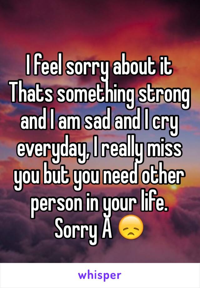 I feel sorry about it
Thats something strong and I am sad and I cry everyday, I really miss you but you need other person in your life.
Sorry A 😞