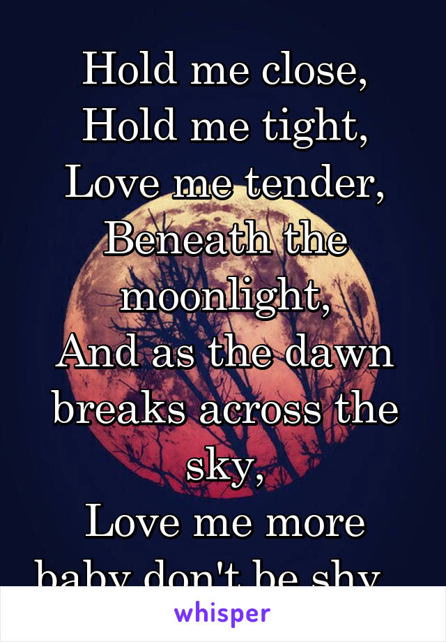 Hold me close,
Hold me tight,
Love me tender,
Beneath the moonlight,
And as the dawn breaks across the sky,
Love me more baby don't be shy...