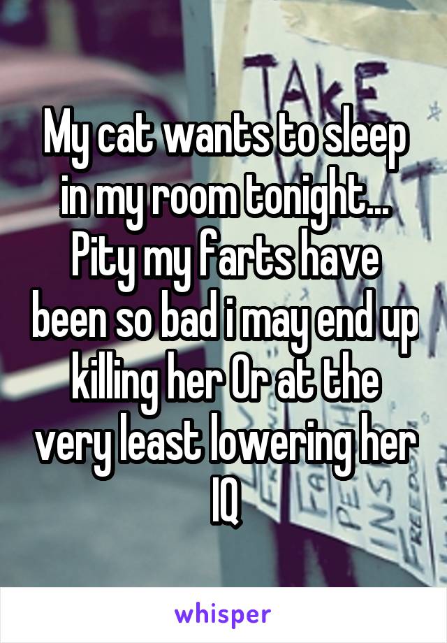 My cat wants to sleep in my room tonight... Pity my farts have been so bad i may end up killing her Or at the very least lowering her IQ