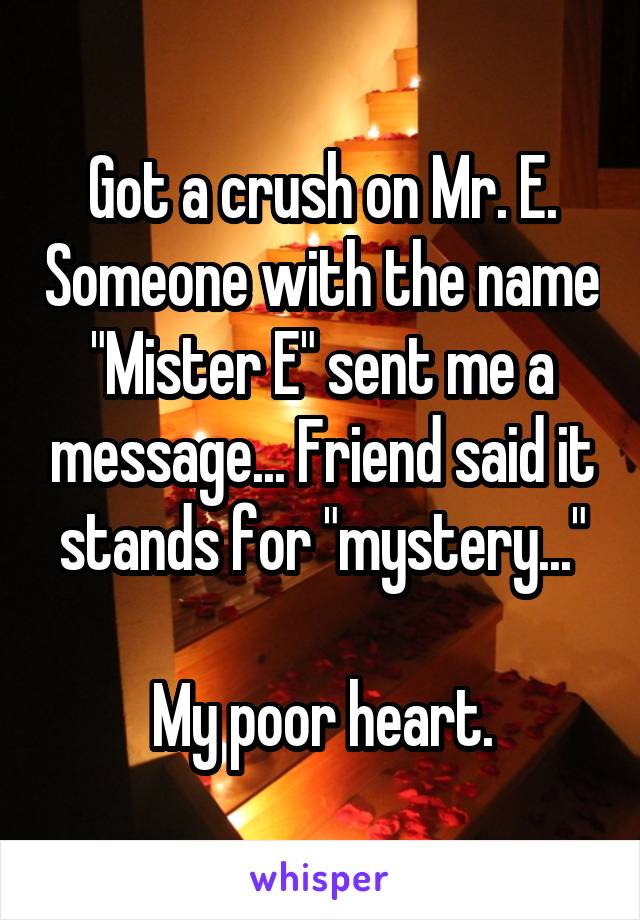 Got a crush on Mr. E. Someone with the name "Mister E" sent me a message... Friend said it stands for "mystery..."

My poor heart.