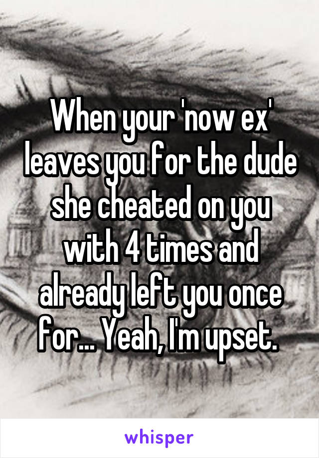 When your 'now ex' leaves you for the dude she cheated on you with 4 times and already left you once for... Yeah, I'm upset. 