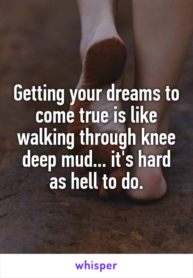 Getting your dreams to come true is like walking through knee deep mud... it's hard as hell to do.