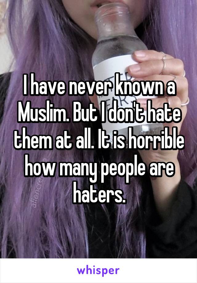 I have never known a Muslim. But I don't hate them at all. It is horrible how many people are haters.