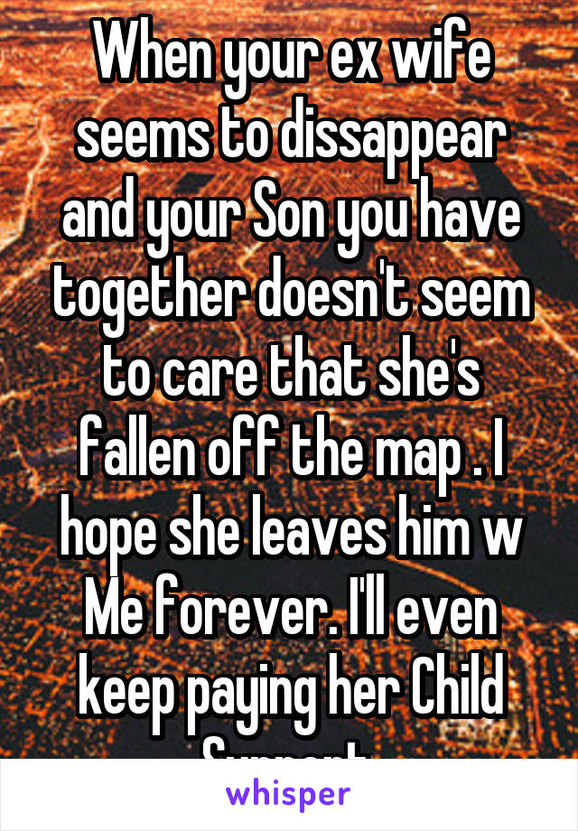 When your ex wife seems to dissappear and your Son you have together doesn't seem to care that she's fallen off the map . I hope she leaves him w Me forever. I'll even keep paying her Child Support 