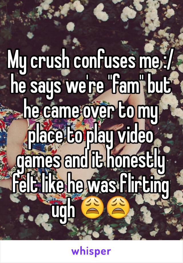 My crush confuses me :/ he says we're "fam" but he came over to my place to play video games and it honestly felt like he was flirting ugh 😩😩