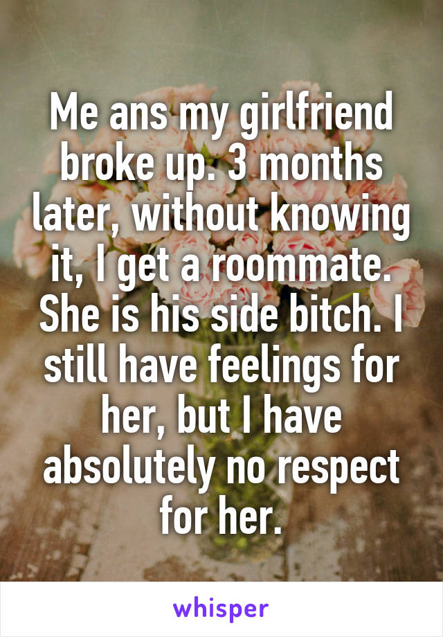 Me ans my girlfriend broke up. 3 months later, without knowing it, I get a roommate. She is his side bitch. I still have feelings for her, but I have absolutely no respect for her.