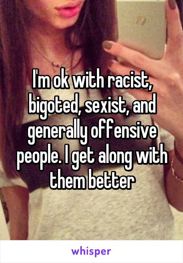 I'm ok with racist, bigoted, sexist, and generally offensive people. I get along with them better