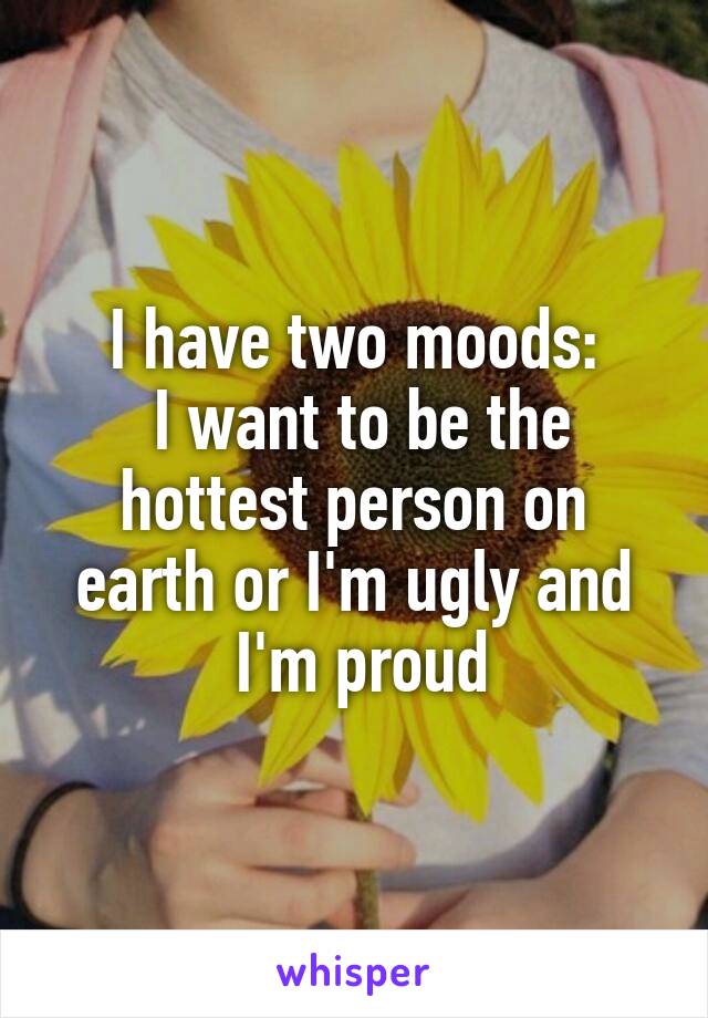 I have two moods:
 I want to be the hottest person on earth or I'm ugly and
 I'm proud