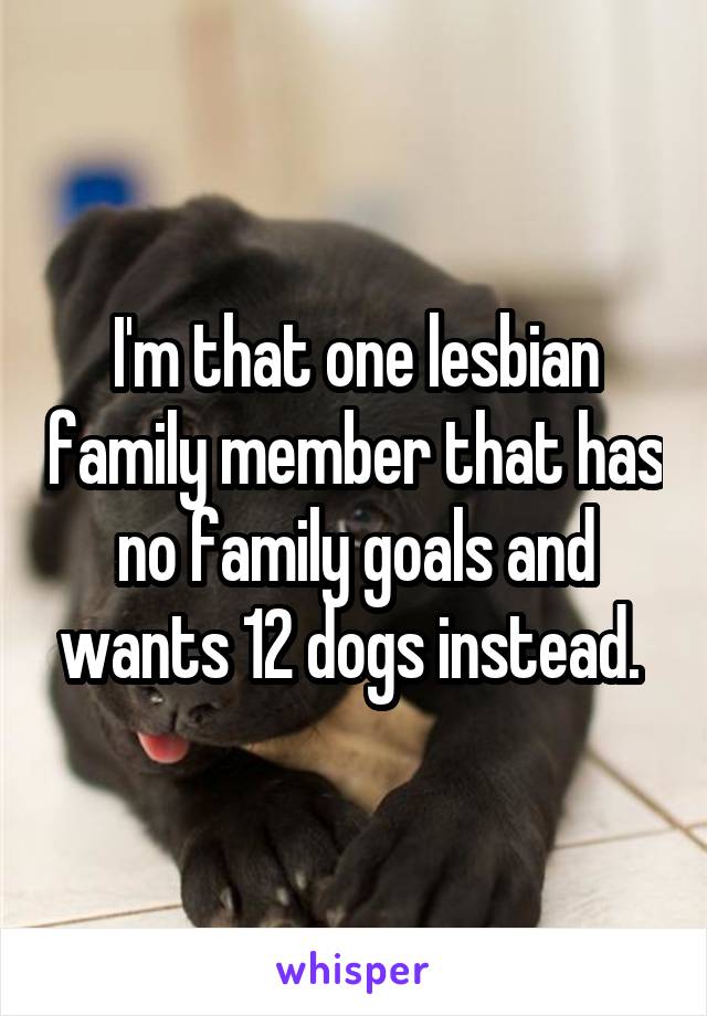 I'm that one lesbian family member that has no family goals and wants 12 dogs instead. 