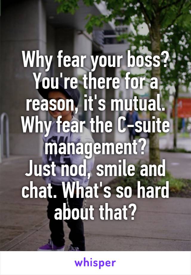 Why fear your boss? You're there for a reason, it's mutual.
Why fear the C-suite management?
Just nod, smile and chat. What's so hard about that?