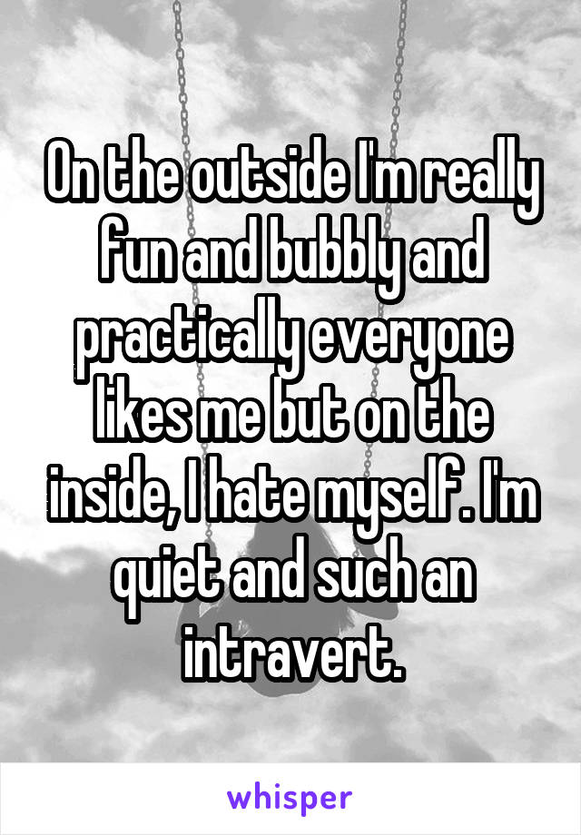 On the outside I'm really fun and bubbly and practically everyone likes me but on the inside, I hate myself. I'm quiet and such an intravert.