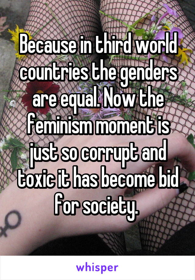Because in third world countries the genders are equal. Now the feminism moment is just so corrupt and toxic it has become bid for society. 
