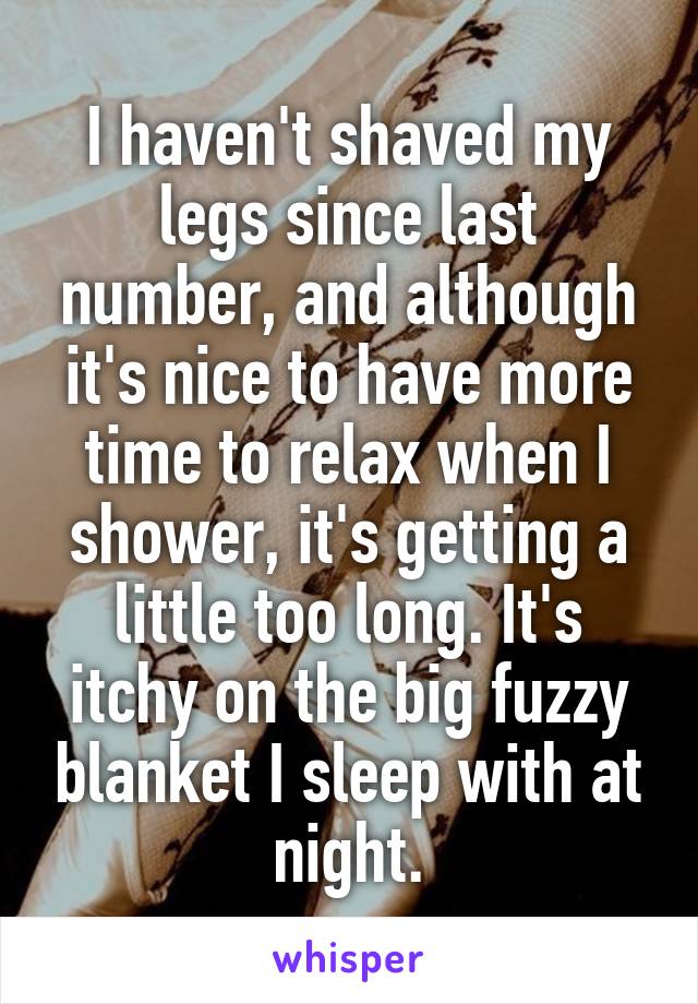 I haven't shaved my legs since last number, and although it's nice to have more time to relax when I shower, it's getting a little too long. It's itchy on the big fuzzy blanket I sleep with at night.