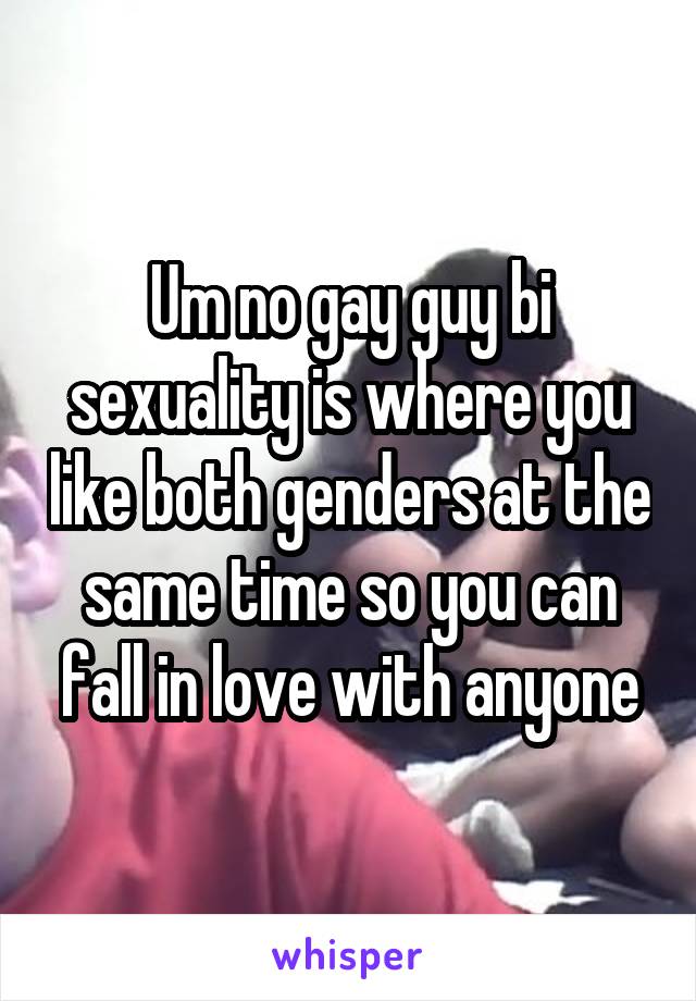 Um no gay guy bi sexuality is where you like both genders at the same time so you can fall in love with anyone