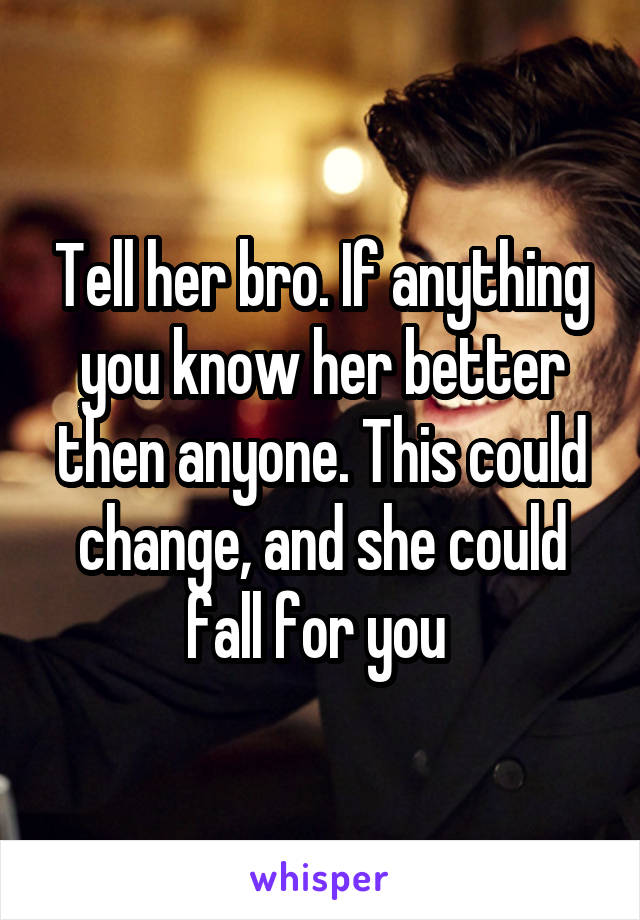 Tell her bro. If anything you know her better then anyone. This could change, and she could fall for you 