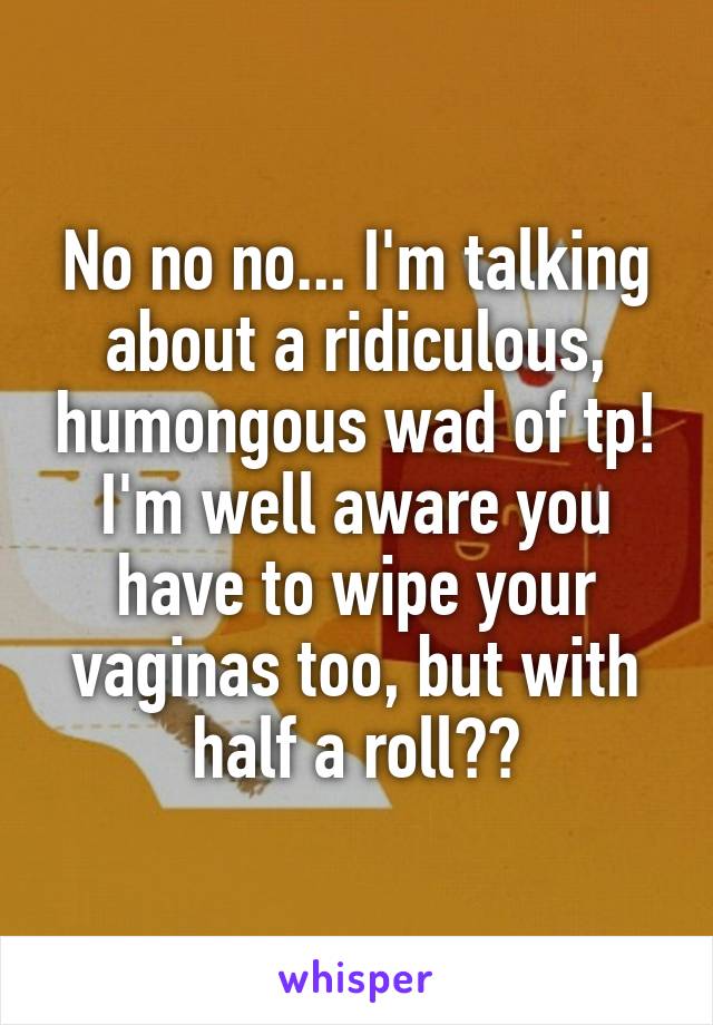 No no no... I'm talking about a ridiculous, humongous wad of tp!
I'm well aware you have to wipe your vaginas too, but with half a roll??