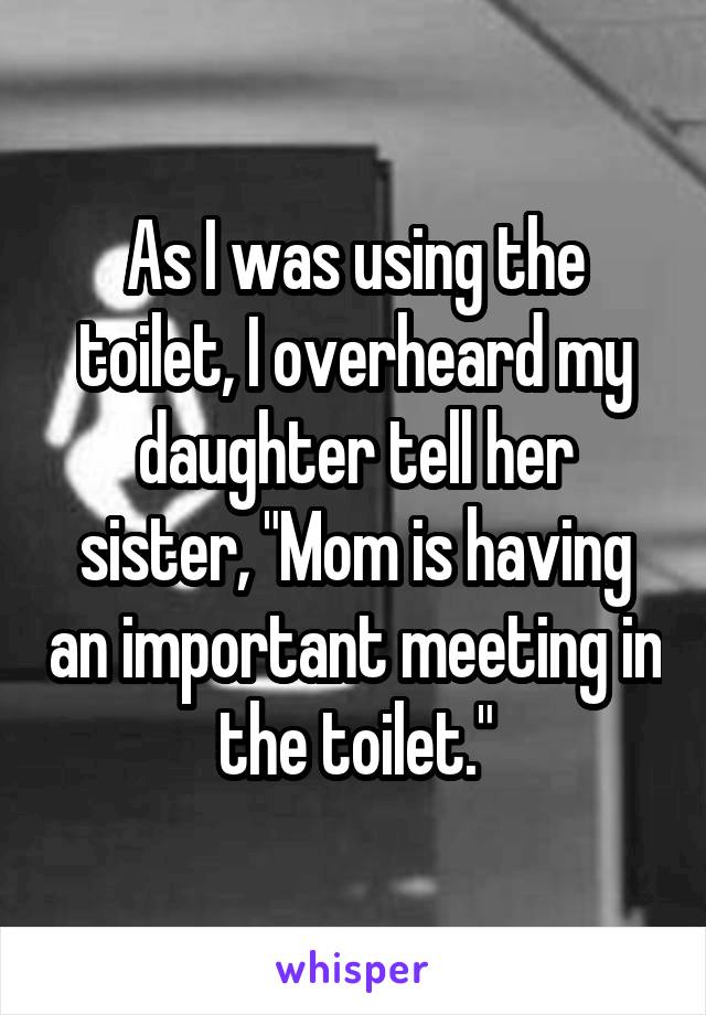 As I was using the toilet, I overheard my daughter tell her sister, "Mom is having an important meeting in the toilet."