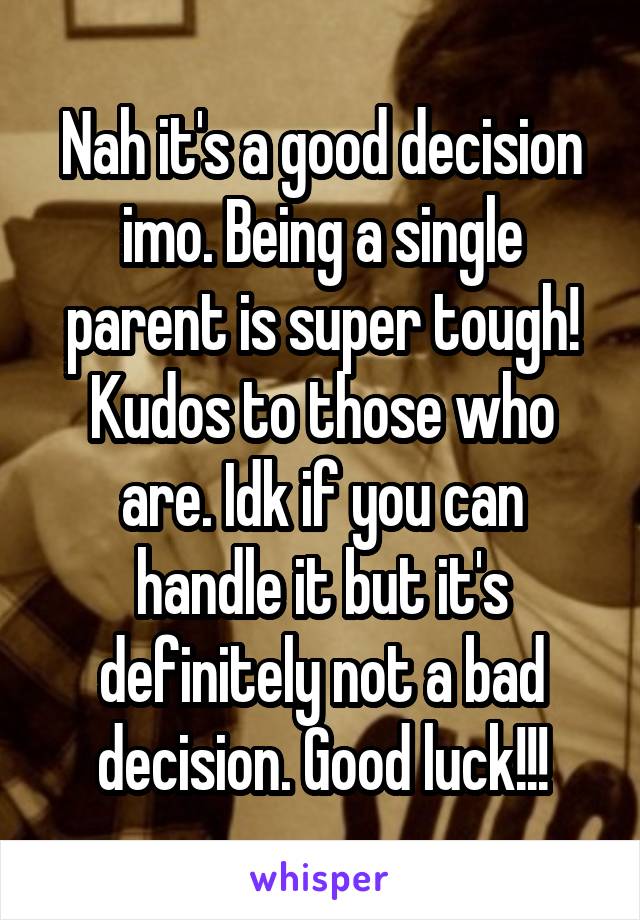 Nah it's a good decision imo. Being a single parent is super tough! Kudos to those who are. Idk if you can handle it but it's definitely not a bad decision. Good luck!!!