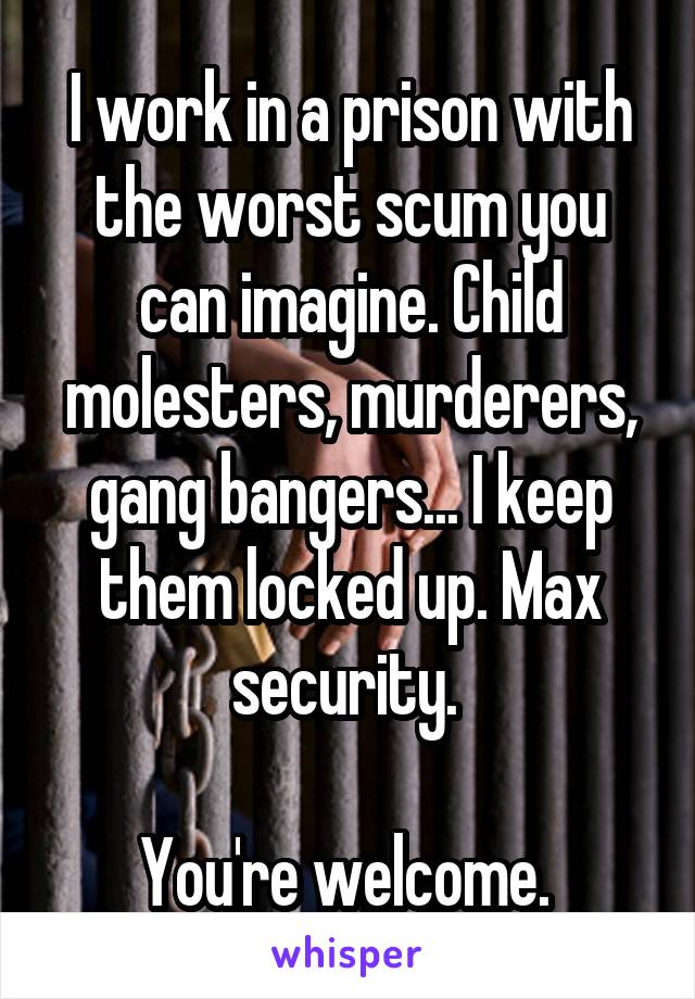 I work in a prison with the worst scum you can imagine. Child molesters, murderers, gang bangers... I keep them locked up. Max security. 

You're welcome. 