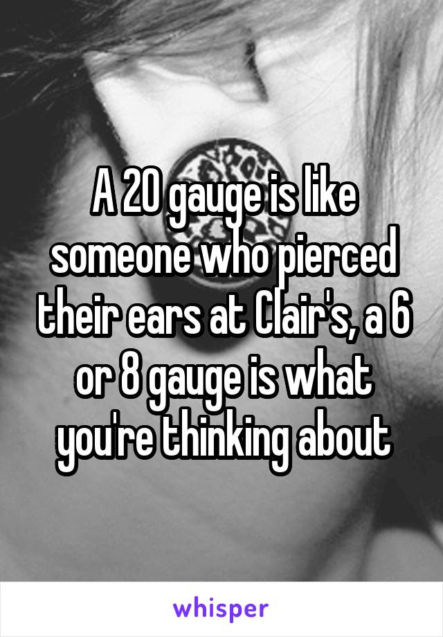 A 20 gauge is like someone who pierced their ears at Clair's, a 6 or 8 gauge is what you're thinking about