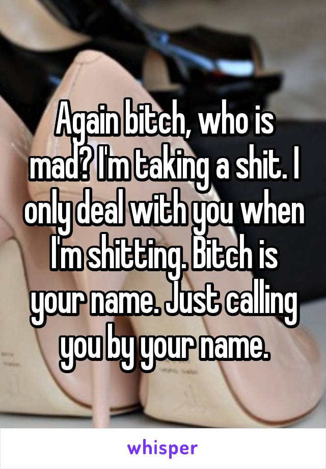 Again bitch, who is mad? I'm taking a shit. I only deal with you when I'm shitting. Bitch is your name. Just calling you by your name.