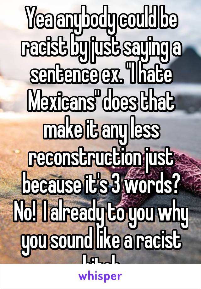 Yea anybody could be racist by just saying a sentence ex. "I hate Mexicans" does that make it any less reconstruction just because it's 3 words? No!  I already to you why you sound like a racist bitch