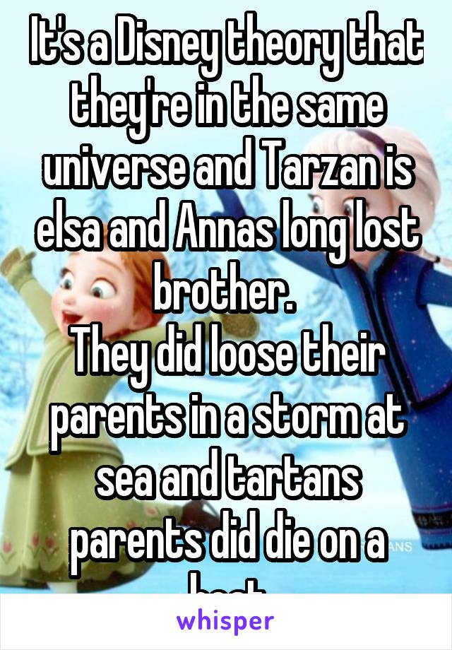 It's a Disney theory that they're in the same universe and Tarzan is elsa and Annas long lost brother. 
They did loose their parents in a storm at sea and tartans parents did die on a boat