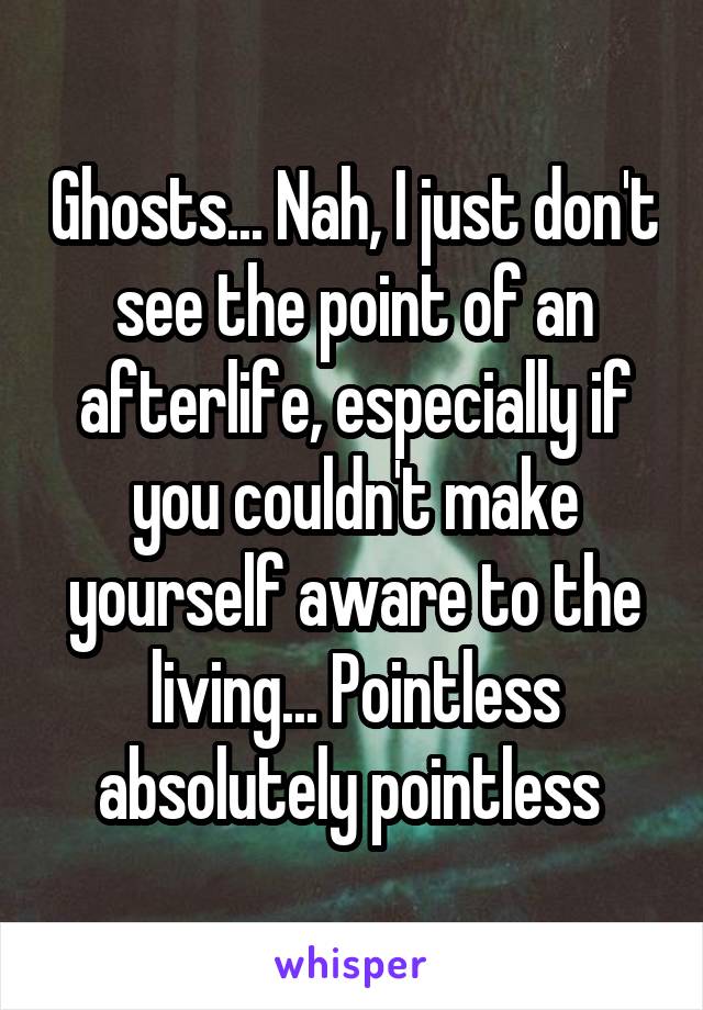 Ghosts... Nah, I just don't see the point of an afterlife, especially if you couldn't make yourself aware to the living... Pointless absolutely pointless 
