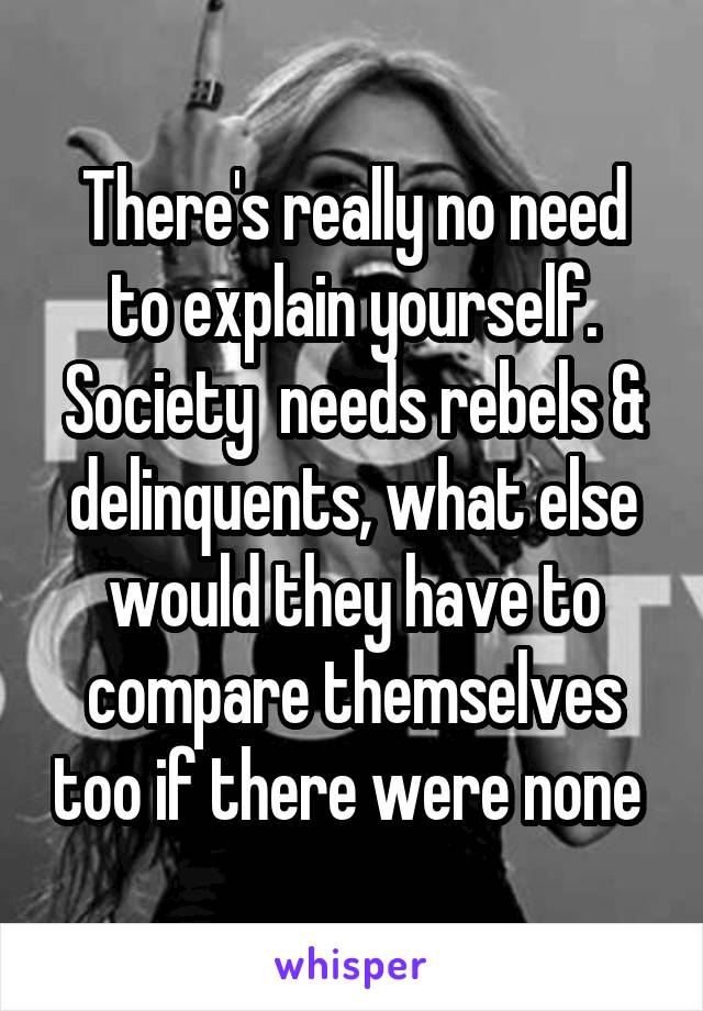 There's really no need to explain yourself. Society  needs rebels & delinquents, what else would they have to compare themselves too if there were none 
