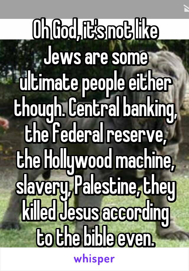 Oh God, it's not like Jews are some ultimate people either though. Central banking, the federal reserve, the Hollywood machine, slavery, Palestine, they killed Jesus according to the bible even.