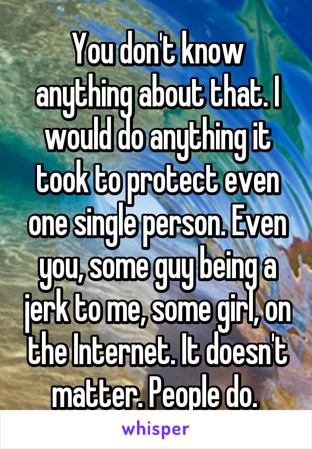 You don't know anything about that. I would do anything it took to protect even one single person. Even you, some guy being a jerk to me, some girl, on the Internet. It doesn't matter. People do. 