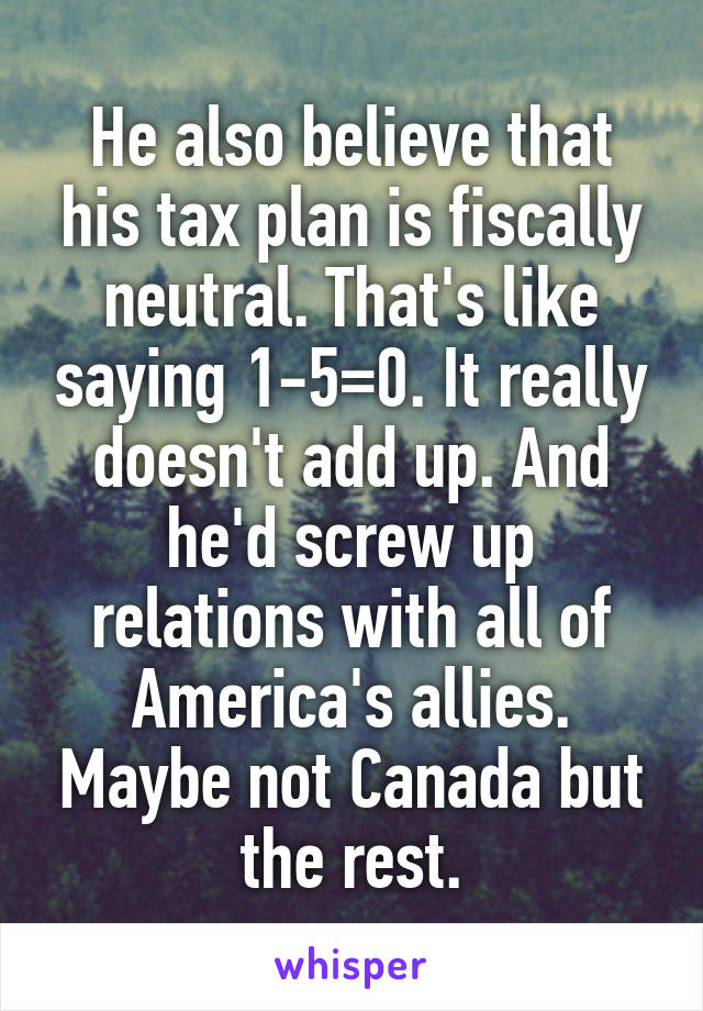 He also believe that his tax plan is fiscally neutral. That's like saying 1-5=0. It really doesn't add up. And he'd screw up relations with all of America's allies. Maybe not Canada but the rest.