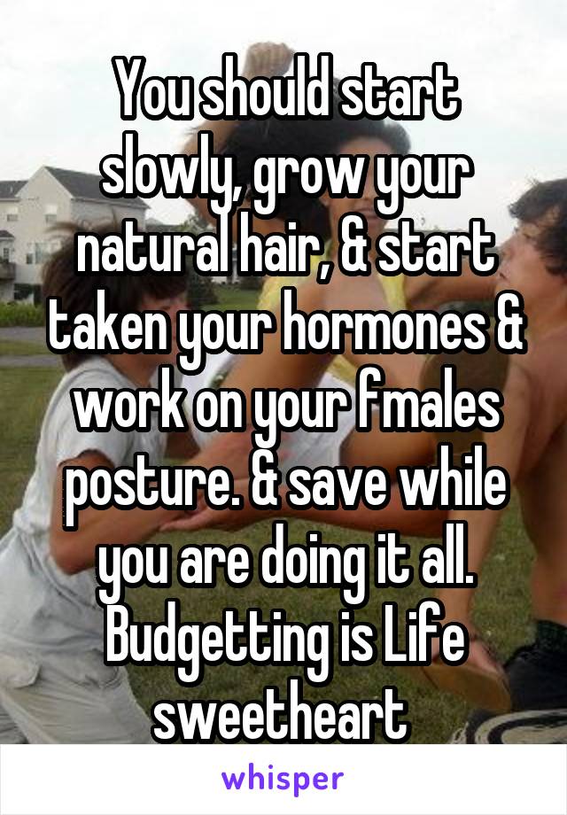 You should start slowly, grow your natural hair, & start taken your hormones & work on your fmales posture. & save while you are doing it all. Budgetting is Life sweetheart 