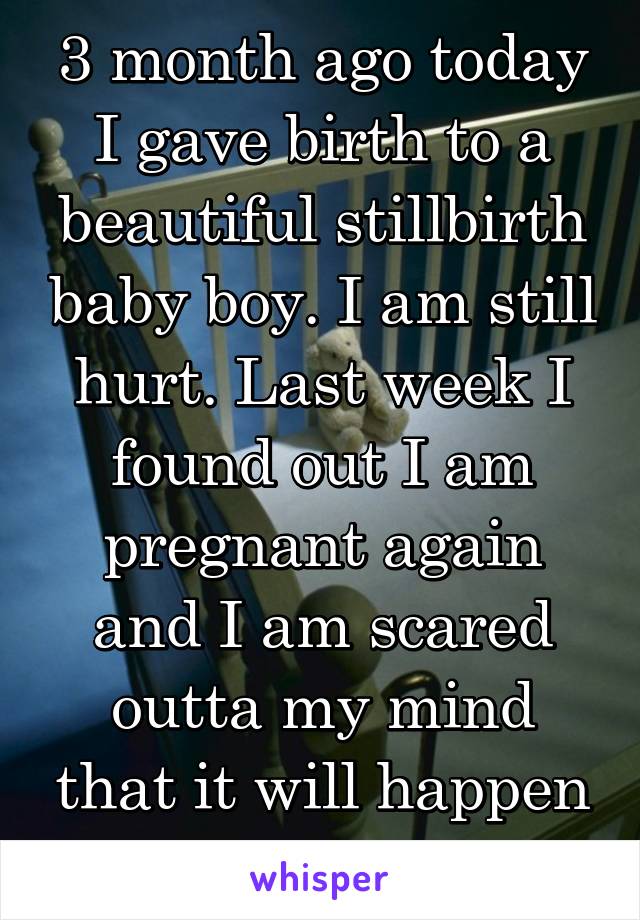3 month ago today I gave birth to a beautiful stillbirth baby boy. I am still hurt. Last week I found out I am pregnant again and I am scared outta my mind that it will happen again