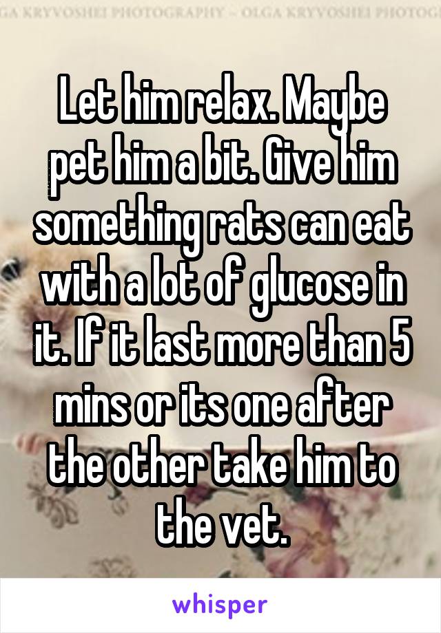 Let him relax. Maybe pet him a bit. Give him something rats can eat with a lot of glucose in it. If it last more than 5 mins or its one after the other take him to the vet.