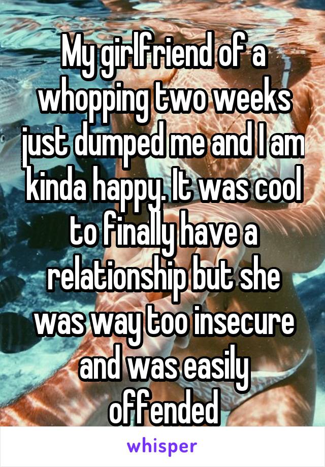 My girlfriend of a whopping two weeks just dumped me and I am kinda happy. It was cool to finally have a relationship but she was way too insecure and was easily offended