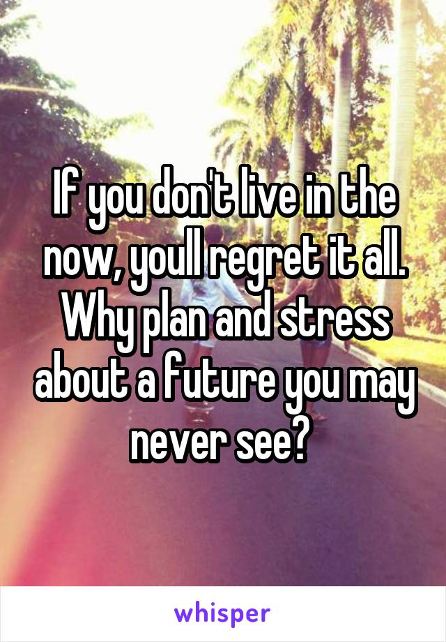 If you don't live in the now, youll regret it all. Why plan and stress about a future you may never see? 