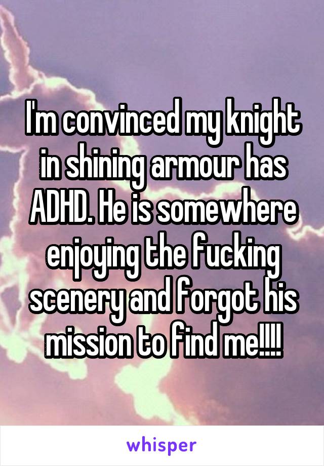 I'm convinced my knight in shining armour has ADHD. He is somewhere enjoying the fucking scenery and forgot his mission to find me!!!!