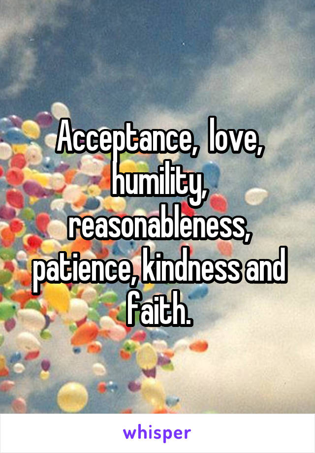 Acceptance,  love, humility, reasonableness, patience, kindness and faith.