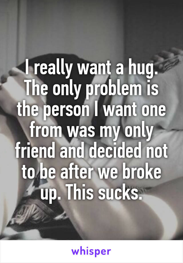 I really want a hug. The only problem is the person I want one from was my only friend and decided not to be after we broke up. This sucks.